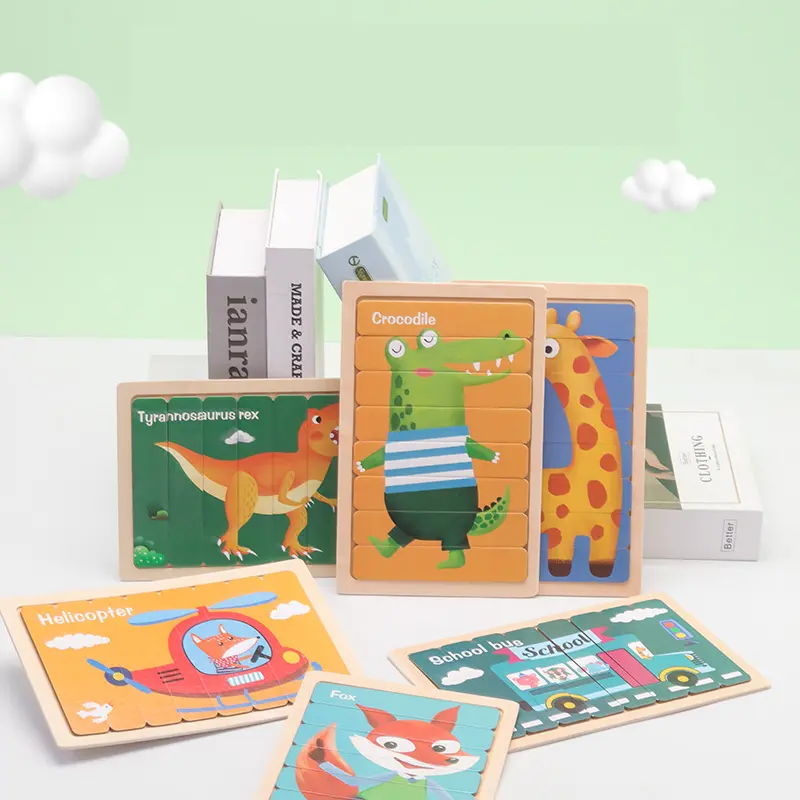 Kids Brain Montessori Wooden Creative Strip Double-Sided Puzzle Education Traffic Animal Stories 3D Jigsaw Set
