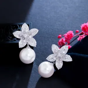 Noble White Gold Plated Dangle Drop Pearl Cubic Zirconia Lovely Geometric Flower Earrings for Women Chic Jewelry