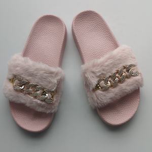 Billige Innen Kette Verziert Gefälschte Kaninchen Fell Hausschuhe Casual Damen Faux Pelz Rutsche - Product Image 4