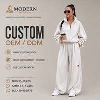 Ensemble de survêtement en mélange modal double tricot, veste zippée à col montant et pantalon large avec détails de coutures, deux pièces, marque privée
