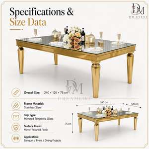 Table de salle à manger rectangulaire élégante en acier inoxydable doré avec plateau en verre miroir et pieds effilés arrondis pour l'approvisionnement de projets hôteliers et de banquets - Product Image 4