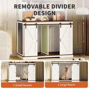 Hundekäfig aus Holz als Möbelstück mit Trennwand, Indoor-Hundezwinger für zwei Hunde, Doppel-Schiebetüren, Ablagefach - Product Image 6