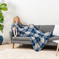 Tragbare Decke, warm, weich, Plüsch, Kuscheldecke mit Taschen und Ärmeln, TV-Wurfdecke, gemütliche weiße Elefanten-Geschenkideen für Mama, Ehefrau, kariert, blau