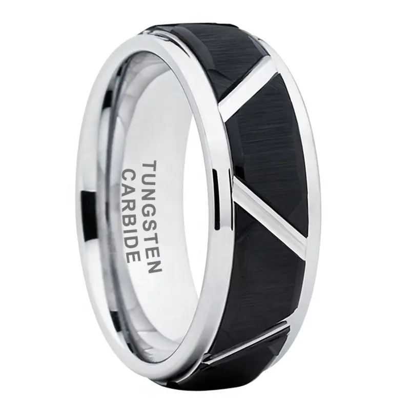 Coolstyle Jewelry 8mm Black Silver Tungsten Ring for Men Women Engagement Band Brushed Finish Grooved Stepped Edges Comfort Fit