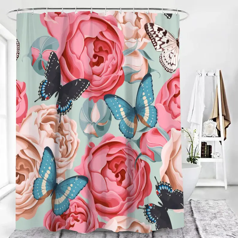 Red Rose Small Fresh Shower Curtain Fabric Waterproof Polyester Bathroom Curtain with Hooks