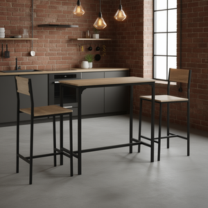 Ensemble de mobilier de bar industriel 3 pièces, table de bar à hauteur de comptoir avec tabourets, bois naturel, structure en métal, design moderne - Product Image 2