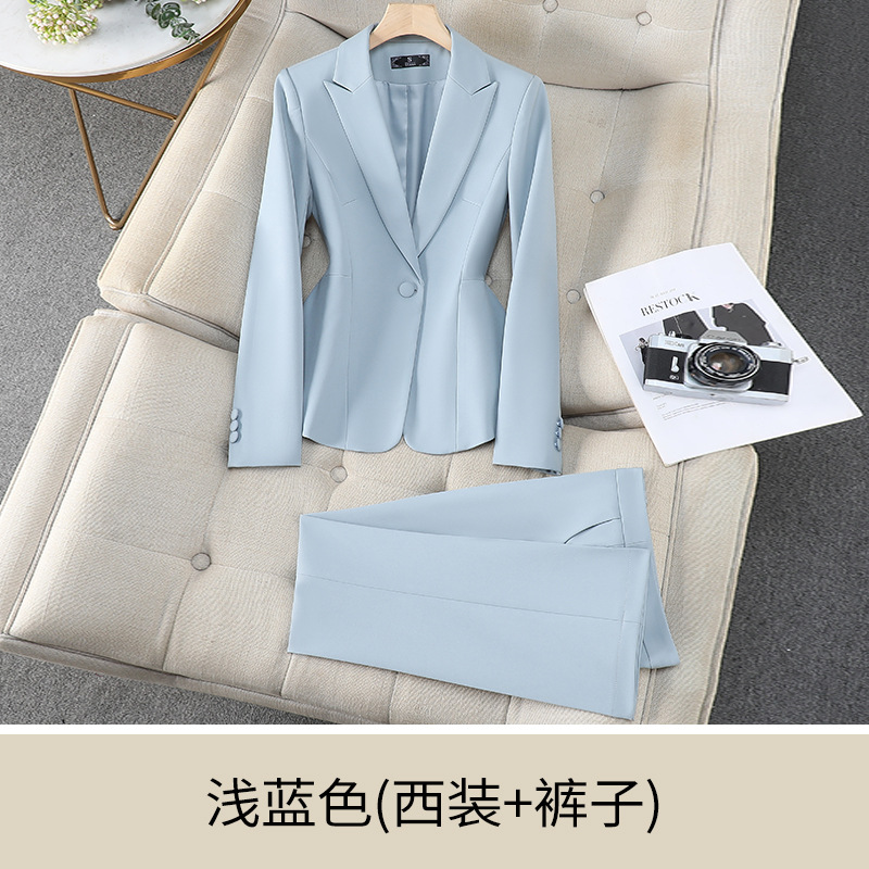 Light blue suit with slightly flared trousers