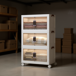 Home <b>Storage</b> <b>Box</b> 3 Layer Plastic Stackable With Magnetic Door And <b>Lockable</b> Casters For Clothing Organization - Product Image 2