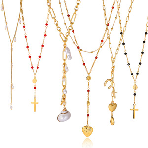 Layered Gold Tone Necklace <b>With</b> <b>Cross</b> Heart Pendant Y <b>Chain</b> Design Multi Strand Jewelry Unisex Fashion Statement Piece - Product Image 5