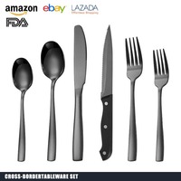 Ensemble de couverts noirs en gros, 24 pièces, en acier inoxydable noir mat, pour restaurant, avec couteau à steak