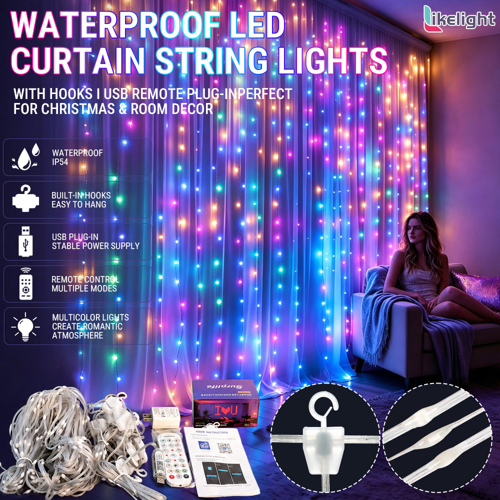 Smart App RGB Color Changing WS2811 400LEDs DC5V IP54 Music Sync LED Christmas Curtain Lights for Bedroom Window Party OEM