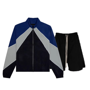 Ensemble de survêtement unisexe en polaire color-block avec veste et short, tenue sportive 2 pièces à manches longues, col montant, fermeture éclair sur le devant, coupe classique - Product Image 1