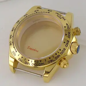 39mm פולני צהוב זהב מצופה קוורץ שעון מקרה עבור VK63 VK64 תנועת ספיר זכוכית לדחוף כפתור החלפת חלק