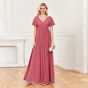 Robe longue en mousseline de haute qualité, coupe trapèze, col en V, élégante, fendue, pour bal de promo, mariage, demoiselle d'honneur, décorée de dentelle - Product Image 6