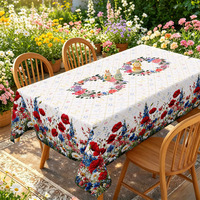 Nappe de table de qualité supérieure avec imprimé de fleurs de pavot rouge et bleu, fond à motif quadrillé, housse de table imperméable pour la décoration de salle à manger, vente en gros