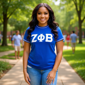 T-shirt pour femmes Zeta Phi Beta, jersey en coton bleu, logo brodé, col rond, manches courtes, coupe décontractée pour l'été - Product Image 2