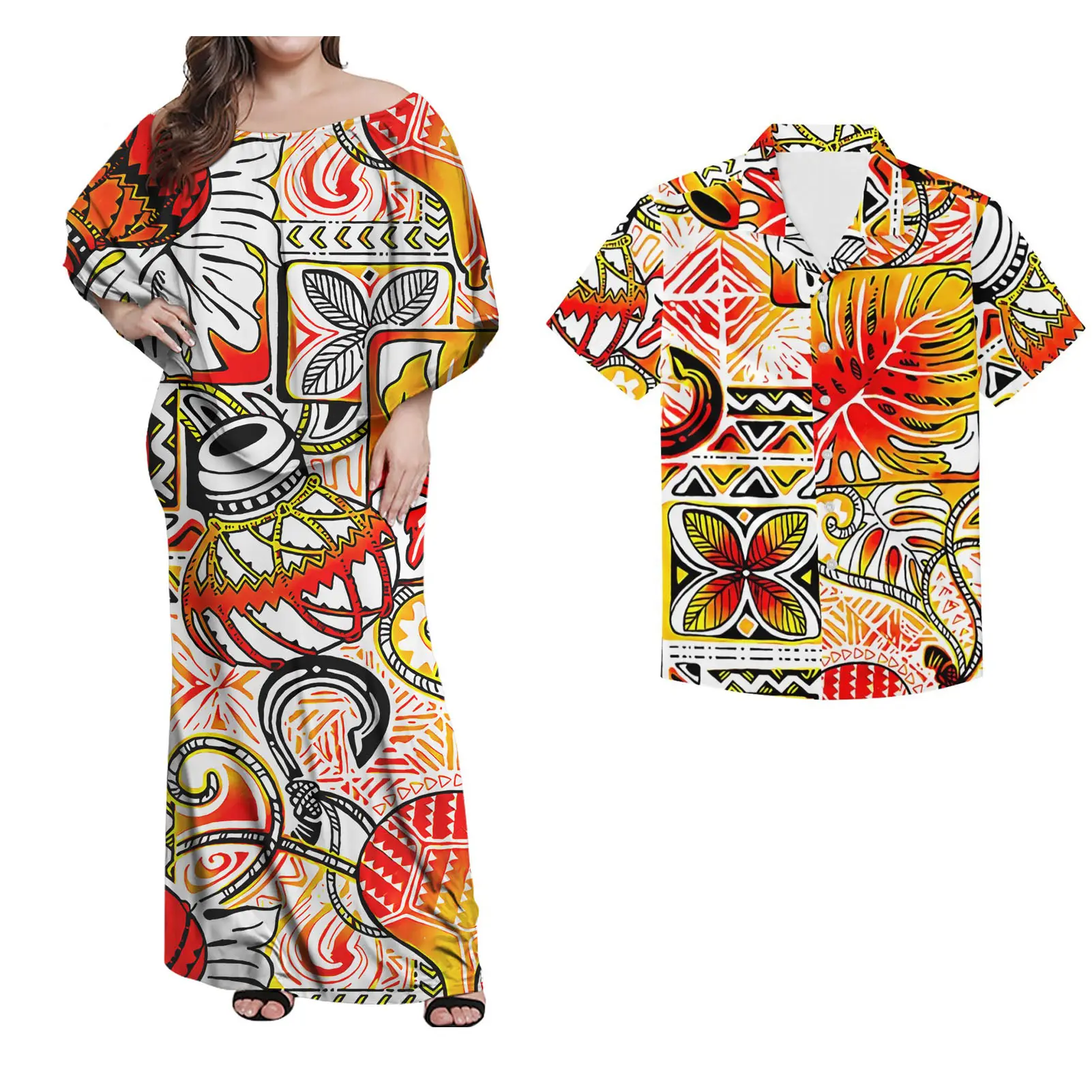 Mehrfarbiges Design Stammes elemente drucken sexy Sommer Damen Cape Plus-Size-High-Rock mit Herren klassisches Hemd 2-teiliges Paar Sho