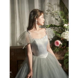 Cocktail Dress Square Neck Tulle Ball Gown Empire Waist Vintage Solid Color Red Bean Paste Green Women's Party Dress - Product Image 3