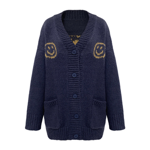 Cárdigan Largo <span class=keywords><strong>Azul</strong></span> <span class=keywords><strong>Marino</strong></span> con Cuello en V YIYU, Suéter Holgado de Primavera/Otoño para <span class=keywords><strong>Mujer</strong></span> con Diseño de Cara Sonriente, Fácil de Cuidar - Product Image 1