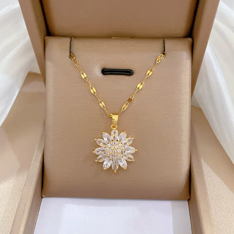 High quality 18k gold plated stainless steel sunflower necklace jewelry zircon flower pendant necklace for women