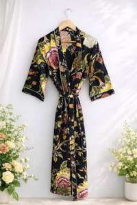 Bata Kimono de Algodón Estampada a Mano, Ropa de Dormir con Estampado de Bloques, Bata de Baño de Verano - Product Image 5