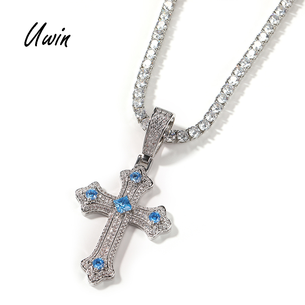 Luxury Colored Zircon Cross Pendant Black Purple Necklace Five Diamonds Fashion Hiphop Rapper Necklaces