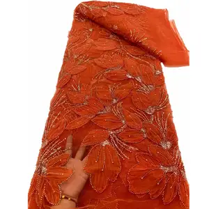 Neue modische orange Bühne Etikette Kleid Stoff 3D Spitze Stickerei Hochzeits kleid Perlen verziert Abendkleid Stoff