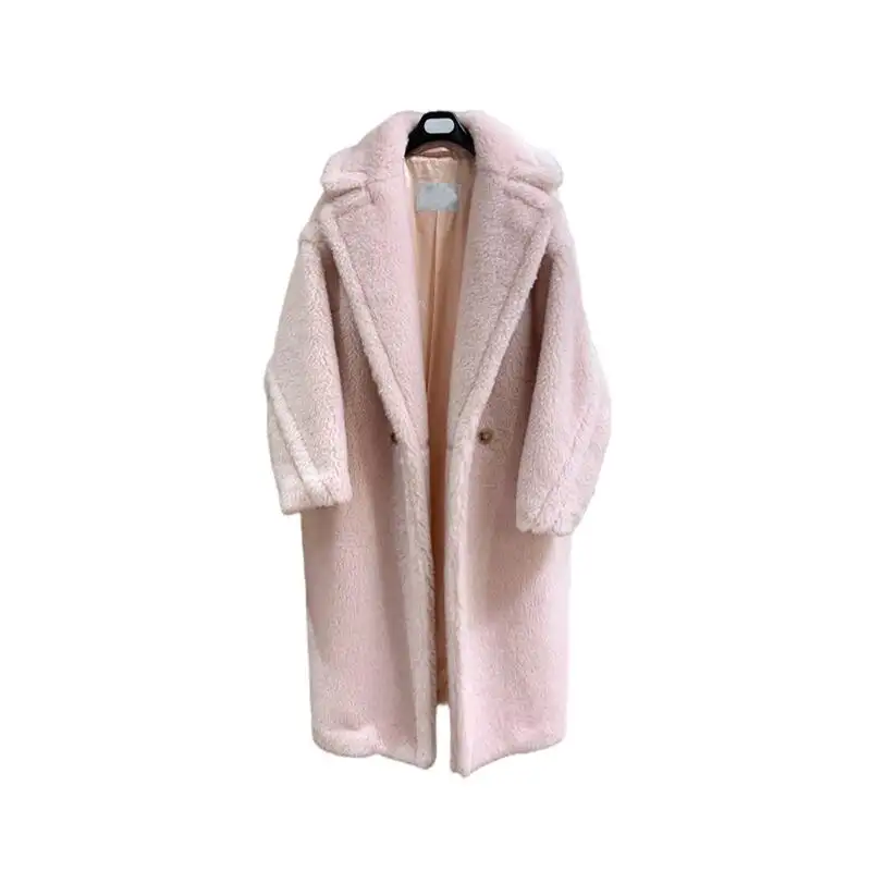 High Quality Warm Lamb Teddy Bear Fur Coat For Women Genuine Long Blended Cashmere Coat