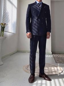 <span class=keywords><strong>Costume</strong></span> d'affaires italien élégant à double boutonnage rayé pour les loisirs Gentleman <span class=keywords><strong>bleu</strong></span> <span class=keywords><strong>marine</strong></span> costumes pour hommes <span class=keywords><strong>pantalon</strong></span> à fermeture éclair - Product Image 6