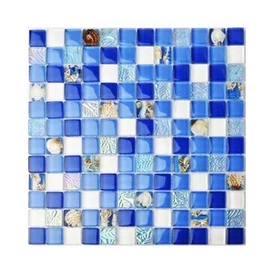 Пляжная голубая белая стеклянная плитка в форме раковины полимерная мозаика перламутровая полированная для ванной и душа
