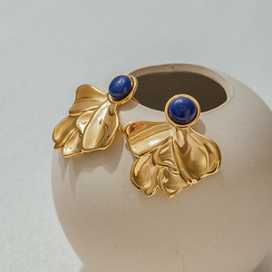 18K Gold Lapis Lazuli Irregular Fan Shaped <b>Stud</b> <b>Earrings</b> Geometric Design Bezel Setting - Product Image 4