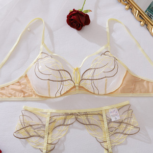 Winter New Arrivals Light Yellow Sheer Contrast-Striped Embroidered Underwire Shaping Bra Lingerie With Separate Three-Piece Set - Product Image 2