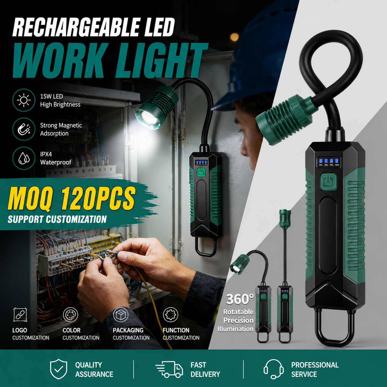 Customization Waterproof Rechargeable Magnetic Base Aluminum Alloy COB Work Light 3 Modes White Laser Portable Office Road Use