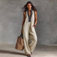 Combinaison décontractée sans manches en lin mélangé pour femme, col montant zippé, imprimé décoratif, collection Printemps 2026 Europe-Amérique