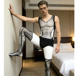 Men Sexy <b>Fishnet</b> Bodysuit Black Mesh Top Mid Rise Spandex Nylon Underwear - Product Image 4