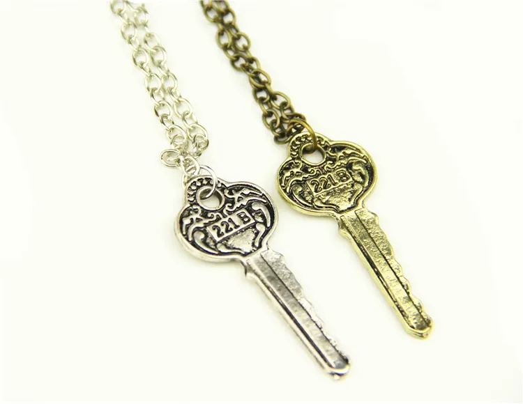 Fashion Sherlock Holmes 221B Baker Street Key Necklace Vintage Antique Charm Pendant For Men Women Movie Jewelry