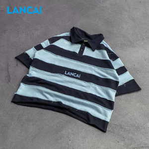 เสื้อโปโลแขนยาวสไตล์รักบี้สำหรับผู้ชาย ผ้าฝ้ายเนื้อหนักฟอกหินแบบวินเทจ ดีไซน์ลายทางแบบกำหนดเอง แต่งขาดแบบดิสเทรส - Product Image 1