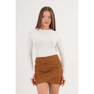 Jupe mini asymétrique drapée taille haute en suède pour femme, en similicuir souple couleur tan - Product Image 5
