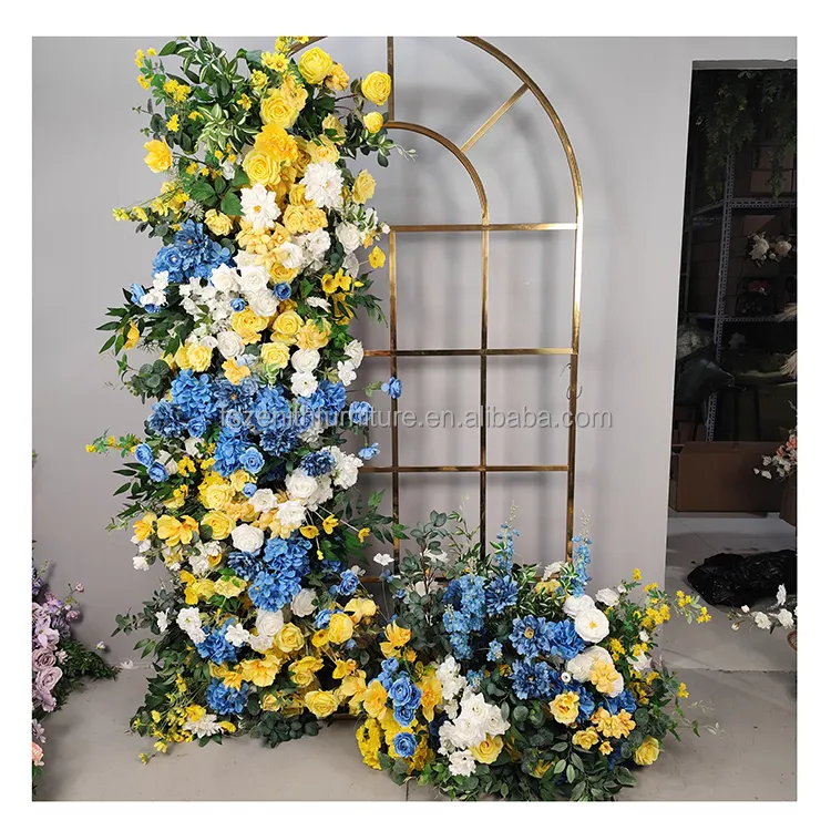 Coureur de fleurs artificielles bleu royal au prix de gros pour la décoration d'arc, fleurs jaunes et bleues, fleurs artificielles