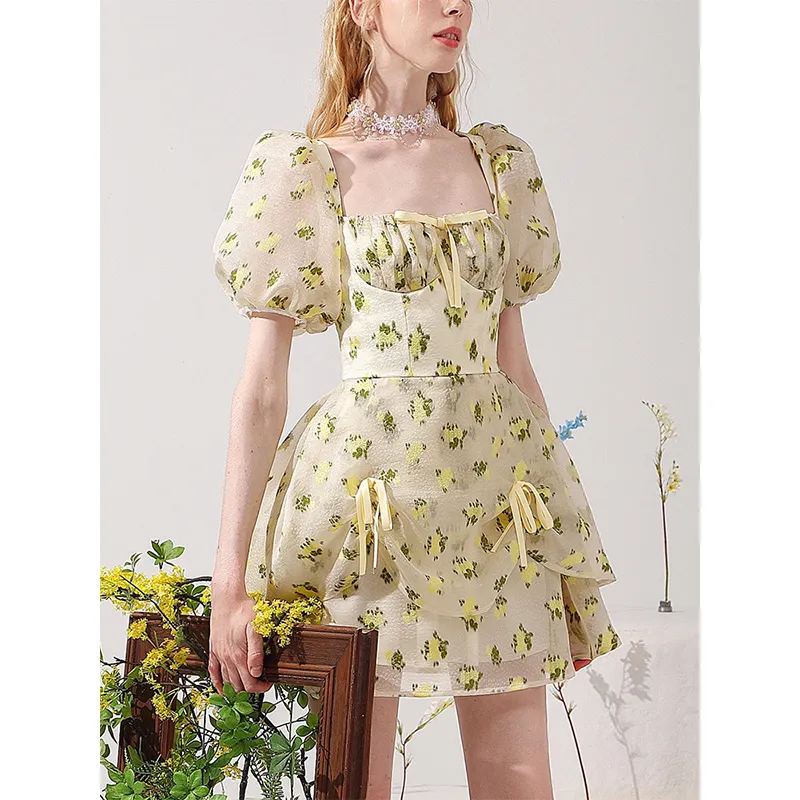 French sweet dress women's first love summer embossed jacquard small fresh broken flowers playful girl's skirt