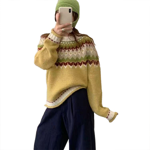 Tenue Automne-Hiver, Design Rayé Rétro, Sens du Color Block, Col Revers, Pull en Tricot, Manteau, Haut Ample Amincissant pour Femmes - Product Image 5
