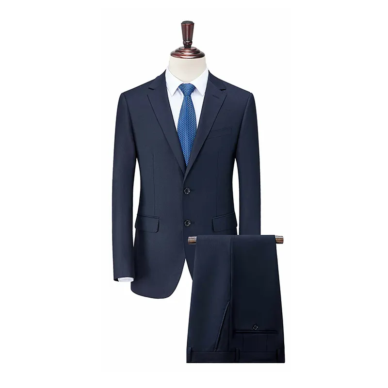 High Quality 50% Sheep Wool 50% Polyester Dark Blue Slim Fit Business Suit Two Pieces Set for Men