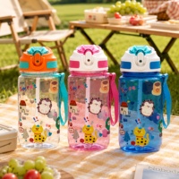 Bouteille d'eau à paille de petite capacité 600 ml en plastique avec impression de dessins animés, anti-fuite, réutilisable, idéale pour la rentrée scolaire