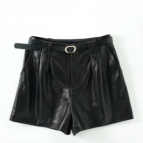 0013 Women's High Waist Loose Sheepskin Leather Five-Point Shorts with Waist Belt for Daily Wear
