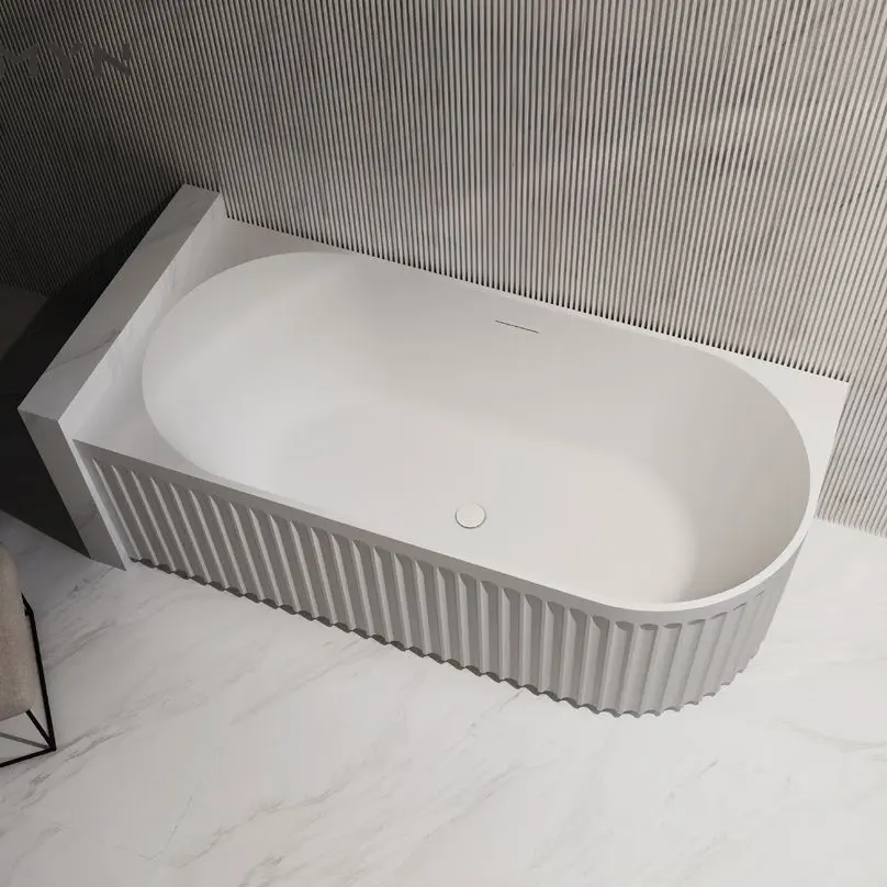 Wholesale Hot Sale Matt White Elegant Grooved Solid Surface Bathtub Artificial Resin Stone Freestanding Bath Tub