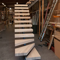 Escalier droit artistique de conception nouvelle avec rampe ronde en fer forgé/câble, marches en bois massif et éclairage LED pour villa