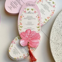 Kartu Menu Souvenir Pernikahan Premium Buatan Tangan dengan Embos Huruf Cinta, Motif Bunga Pink Oval, Rumbai, Kertas Seni Watercolour Edisi Terbatas