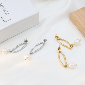 Geometric Pearl Drop Earrings Gold And Silver Tone AAA Grade <b>Titanium</b> Steel <b>Studs</b> For Women Everyday Wear - Product Image 3