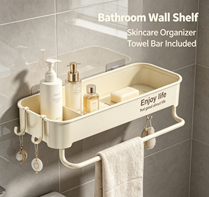 Étagère de salle de bain en plastique sans perçage, support de rangement autoportant avec crochets et compartiments - Product Image 3
