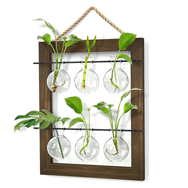 HOT Plant Terrarium Double Layer Propagation Station Wall Hanging Wooden Stand with 6 Bulb Glass Vases for Hydroponics Plant
